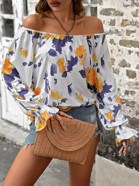 Women's Printed Off-shoulder Lotus Sleeve T-shirt