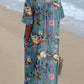 Women's Seaside Vacation Elegant Floral Pattern V-Neck Cotton and Linen Dress