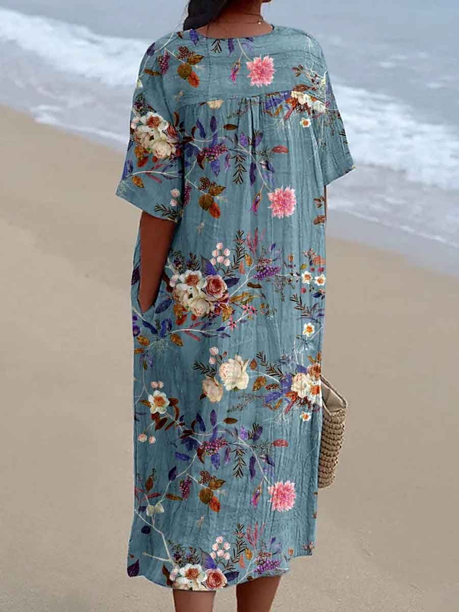 Women's Seaside Vacation Elegant Floral Pattern V-Neck Cotton and Linen Dress