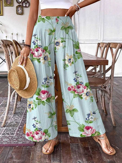 Women's Rose Floral Pattern Cotton Wide Leg Pants