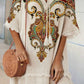 Women's Retro Bohemian Pattern Print V-Neck Strappy Raw Edge Cotton and Linen Dress