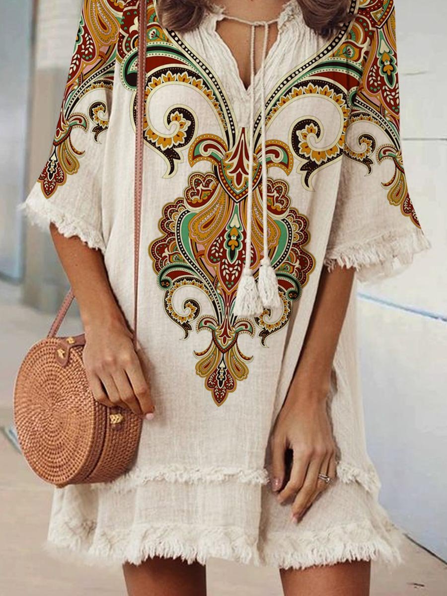 Women's Retro Bohemian Pattern Print V-Neck Strappy Raw Edge Cotton and Linen Dress