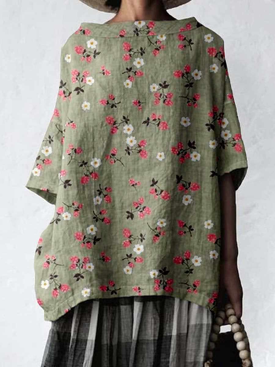 Women's Elegant Floral Pattern Cotton and Linen Top