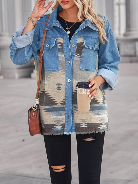 Women's Geometric Pattern Long Loose Denim Paneled Top