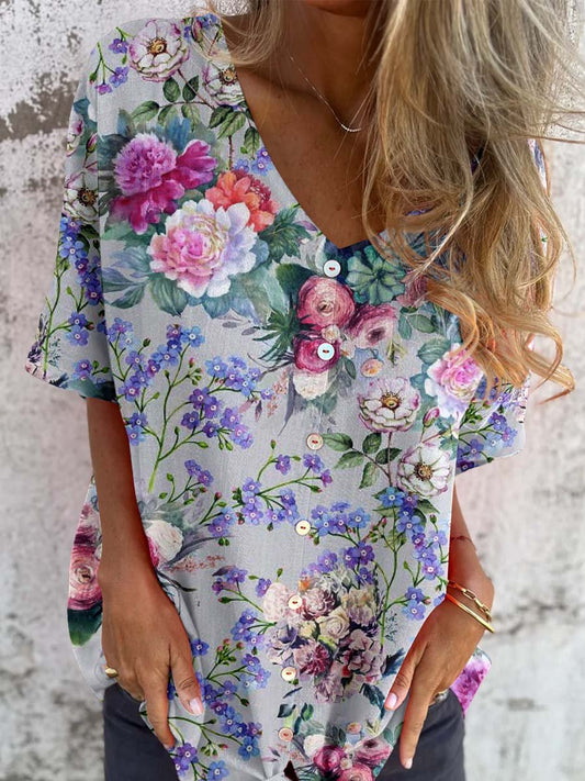 Women's Summer Rose Floral V-Neck Shirt-Style Cotton and Linen Top