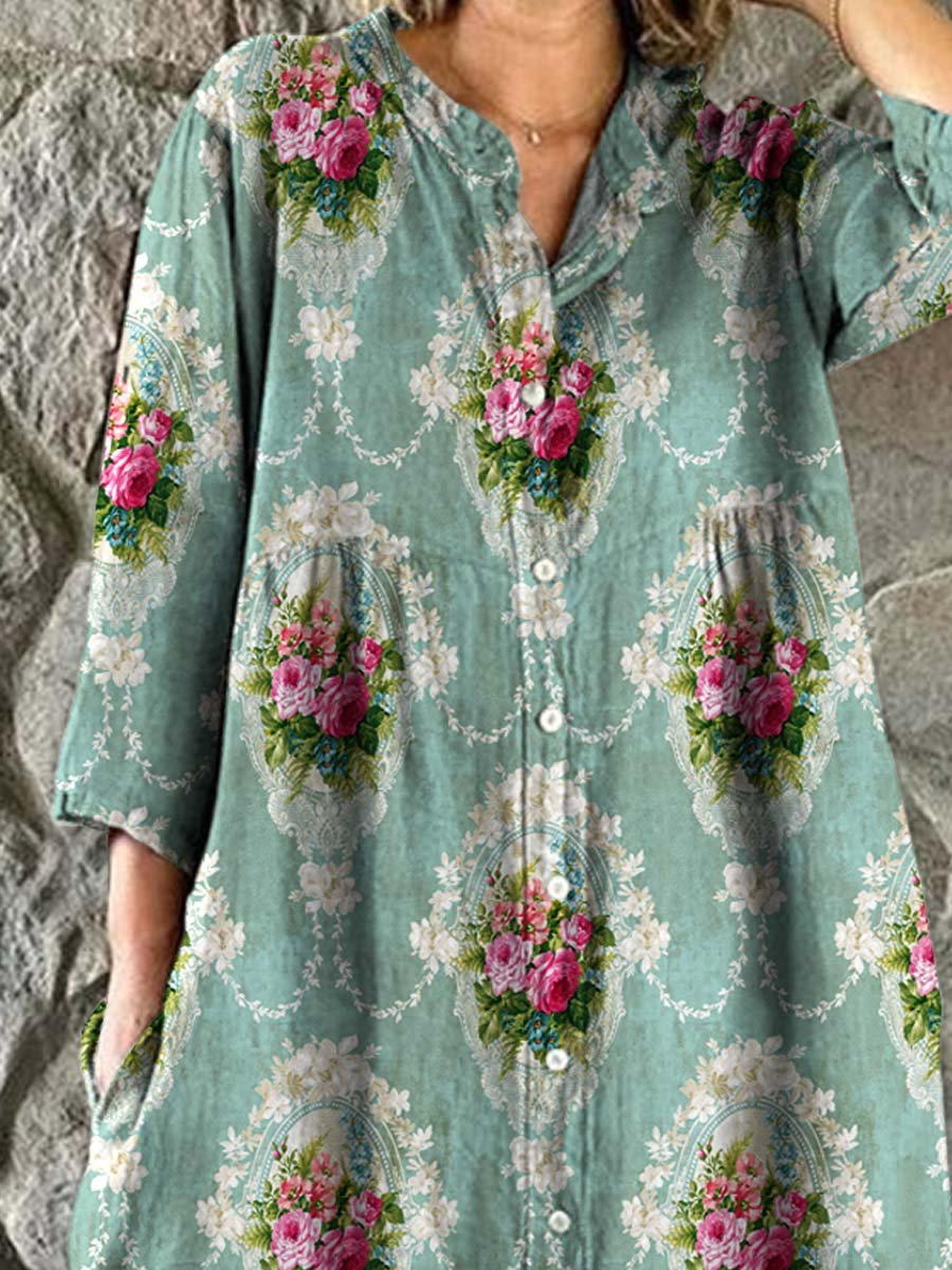 Women's  Roses Floral Art Print Elegant Simple  Cotton Shirt Dress