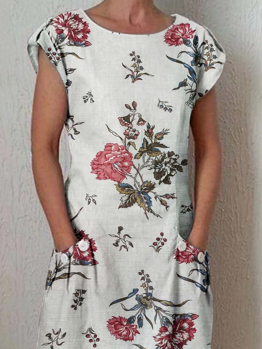 Women's Elegant Floral Pattern Round Neck Cotton and Linen Dress