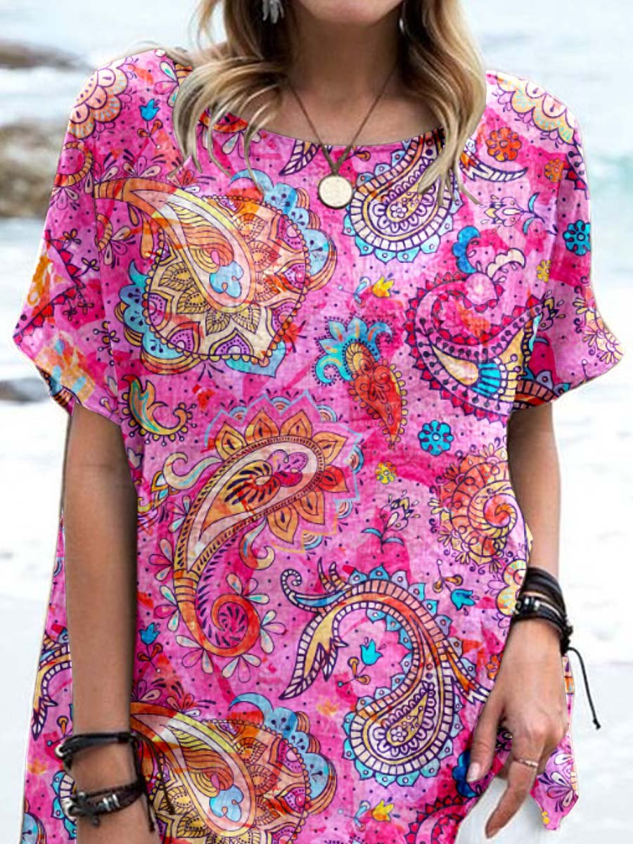 Women's Boho Pattern Floral Pattern Crew Neck Cotton and Linen Top