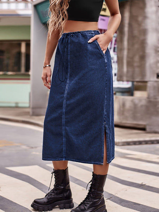 Women's Semi-elastic Waist Drawstring Denim Midi Skirtskirt