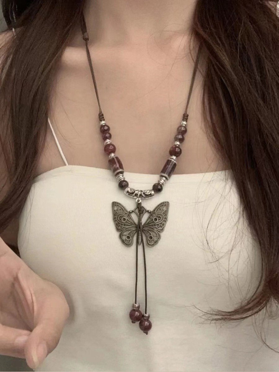 Retro Ethnic Style Butterfly Tassel Pendant Necklace