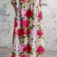 Women's Elegant Rose Floral Pattern V-Neck Cotton and Linen Dress with Pockets