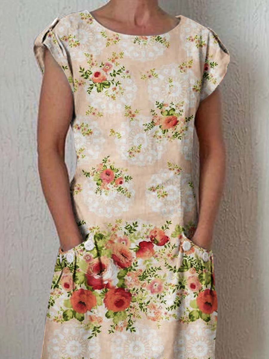 Women's Elegant Floral Pattern Crew Neck Dress