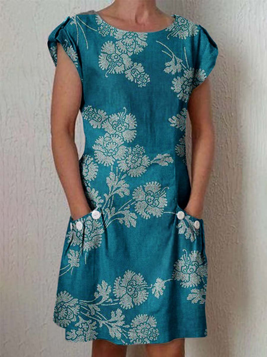 Women's Elegant Floral Pattern Crew Neck Dress