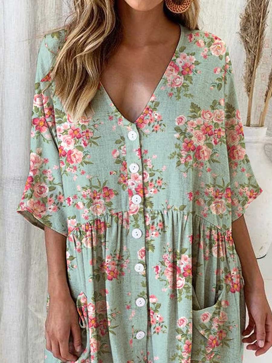 Women's Elegant Rose Floral Pattern Shirt Style Cotton and Linen Dress