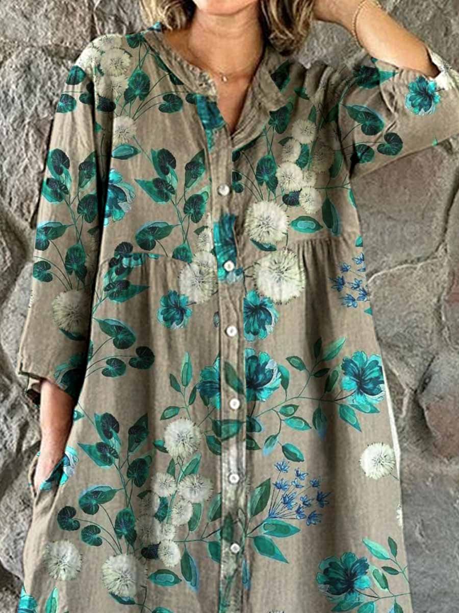 Women's Elegant Floral Pattern Shirt Style Cotton and Linen Dress