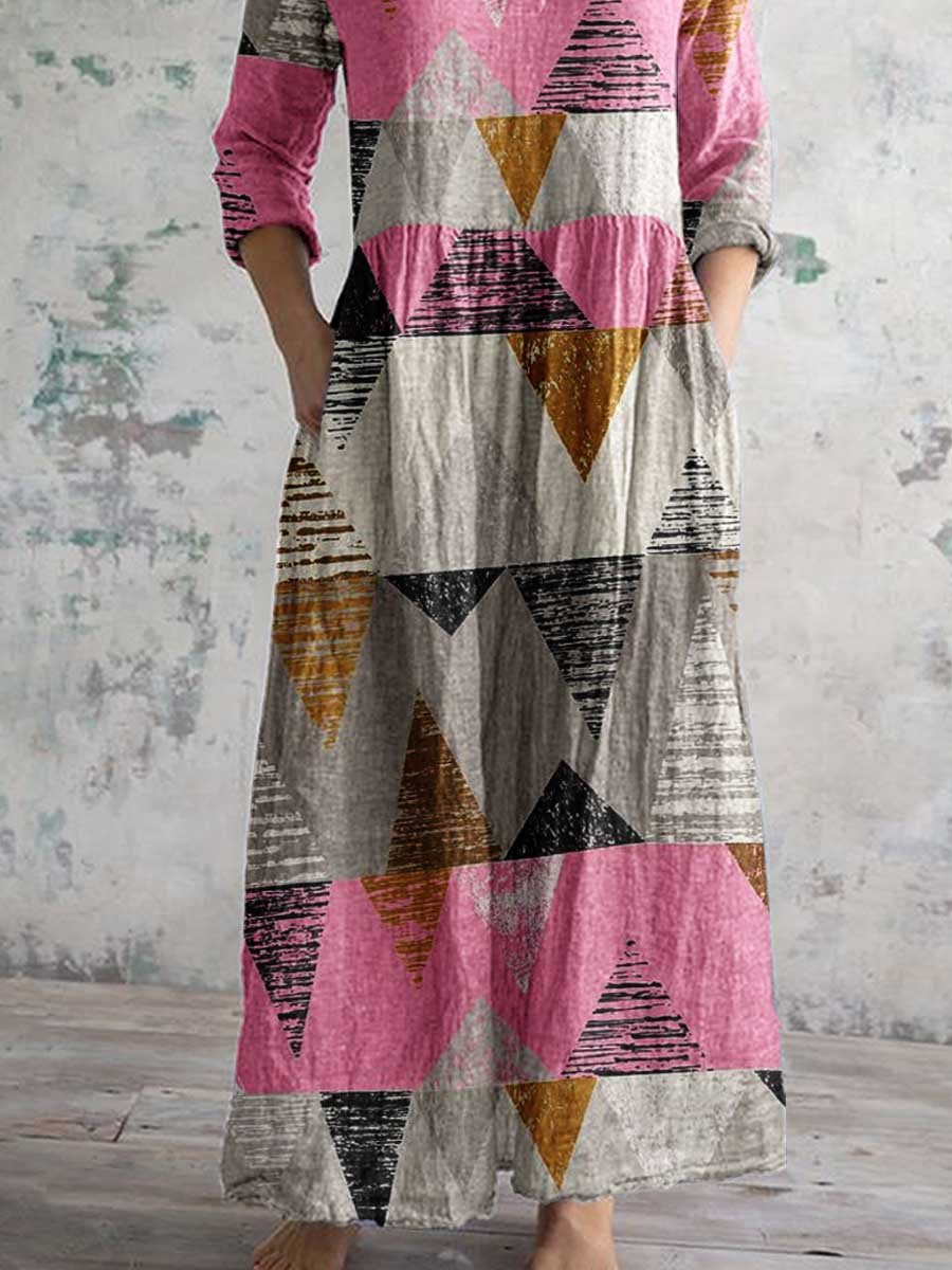 Women's Art Geometric Pattern V-Neck Cotton Dress