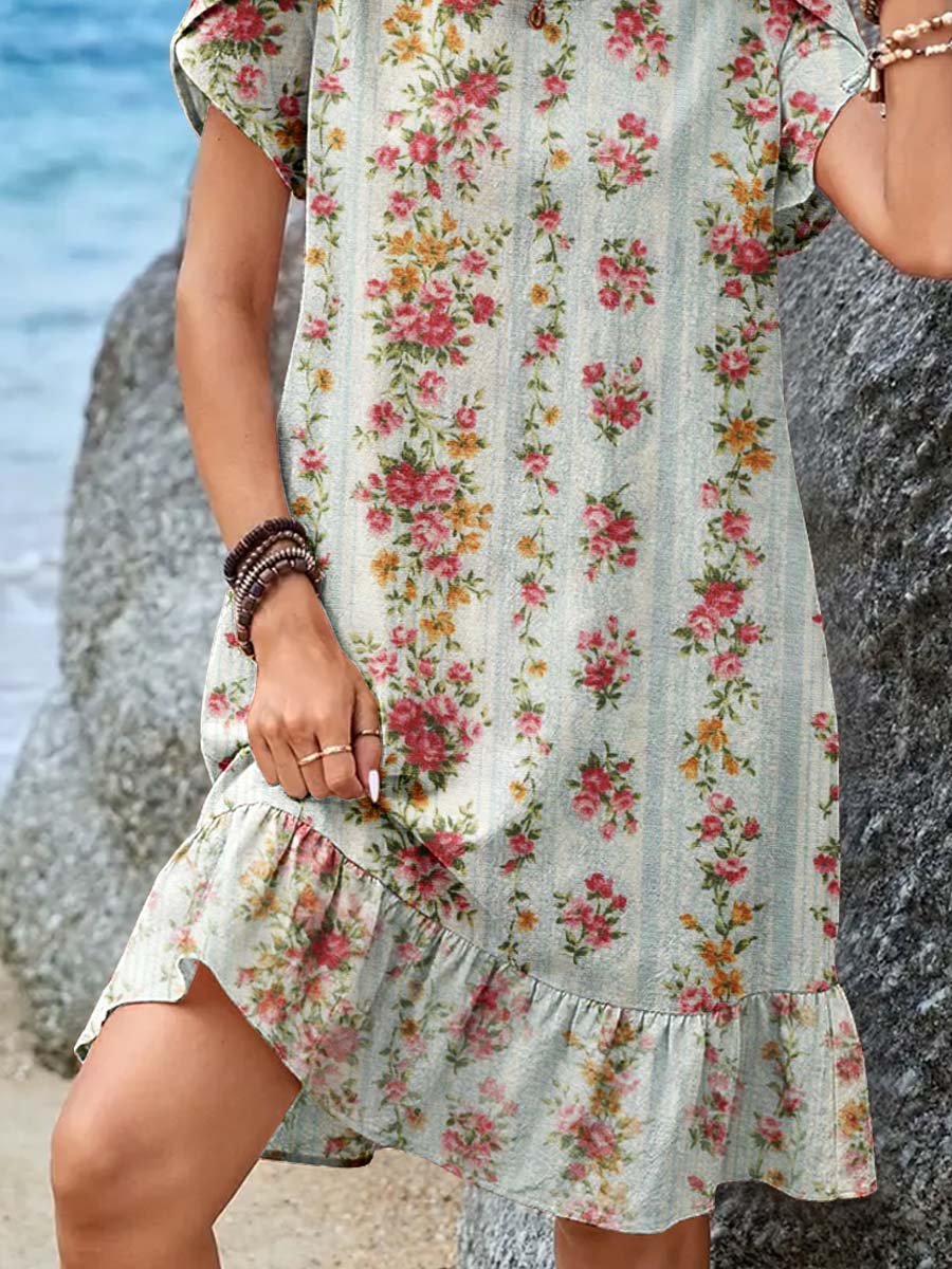 Women's Elegant Simple  Rose Floral Pattern Petal Sleeve Round Neck Dress