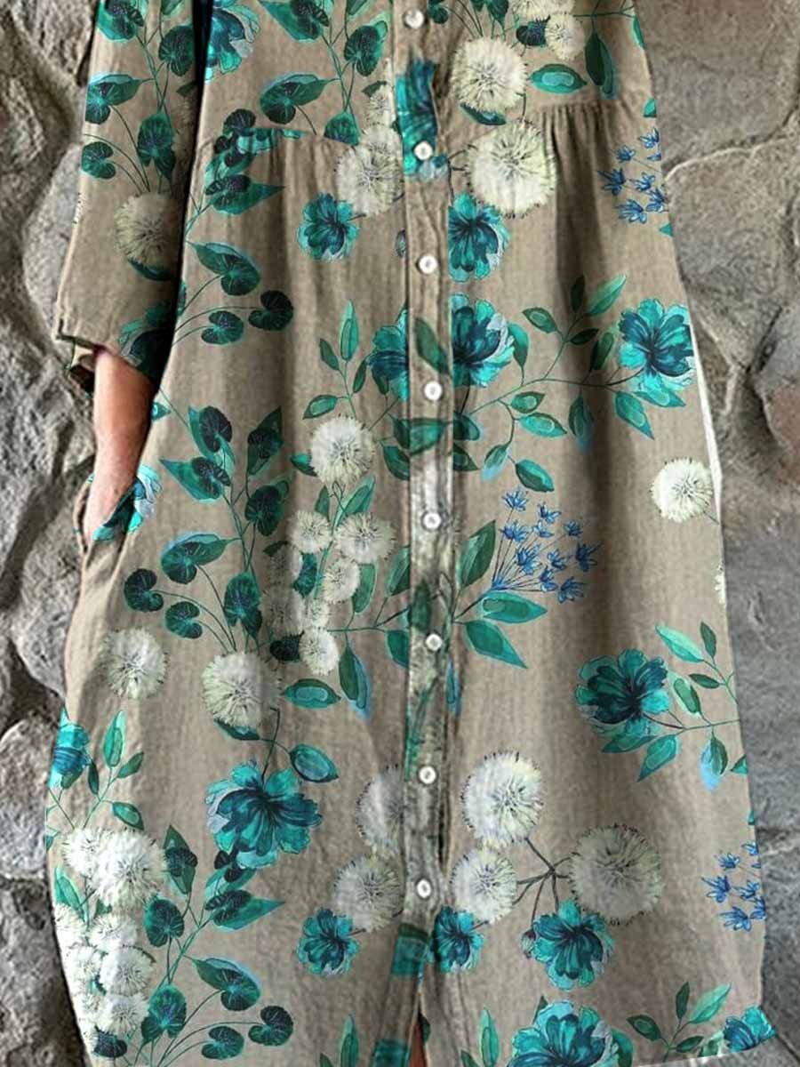 Women's Elegant Floral Pattern Shirt Style Cotton and Linen Dress