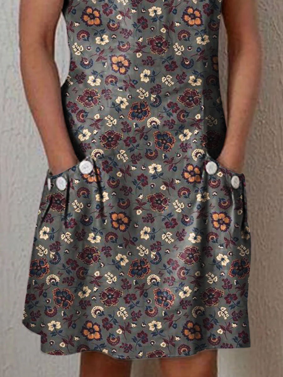 Women's Elegant Vintage Floral Pattern Cotton Dress With Pockets