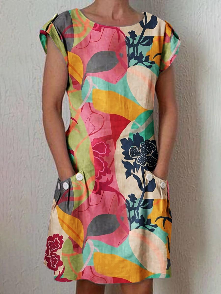 Women's Art Geometric Floral Pattern Round Neck Cotton and Linen Dress