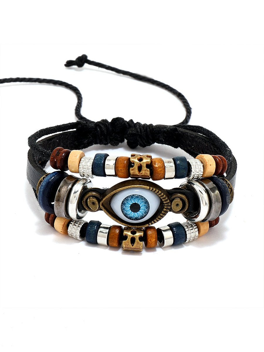 Pull-Adjustable Beaded Eyes Leather Bracelet