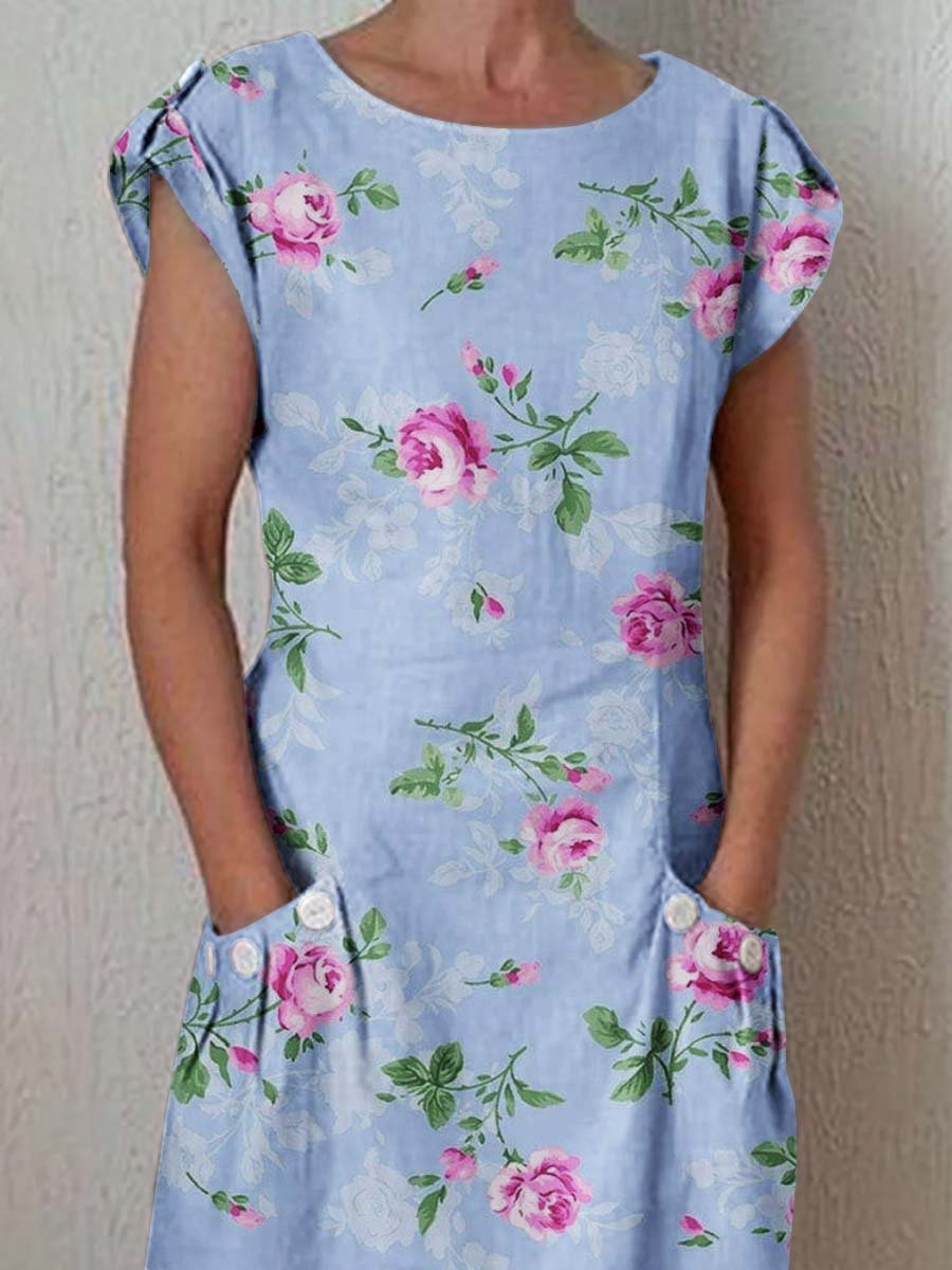 Women's Elegant  Rose Floral Cotton and Linen Dress