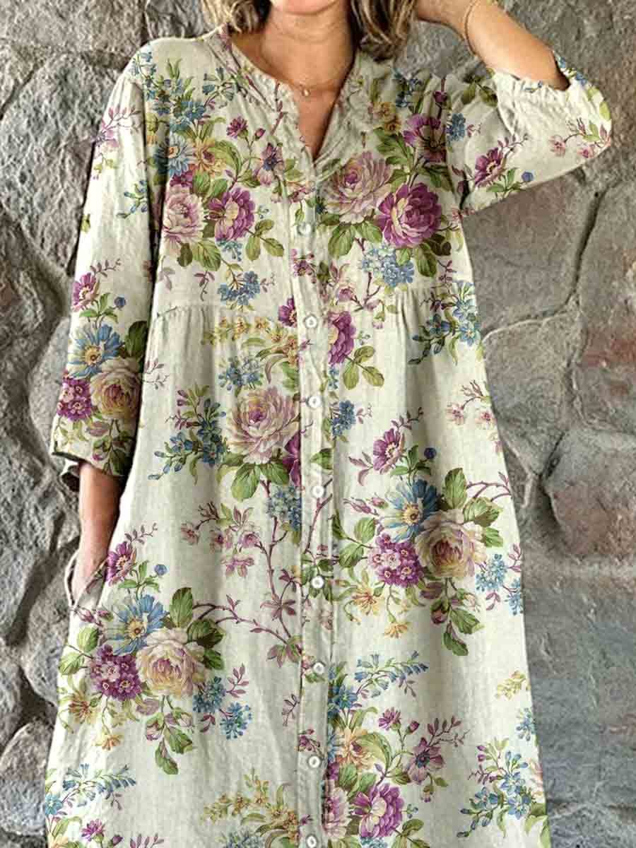 Women's Elegant Simple Floral Pattern Shirt Style Cotton and Linen Dress