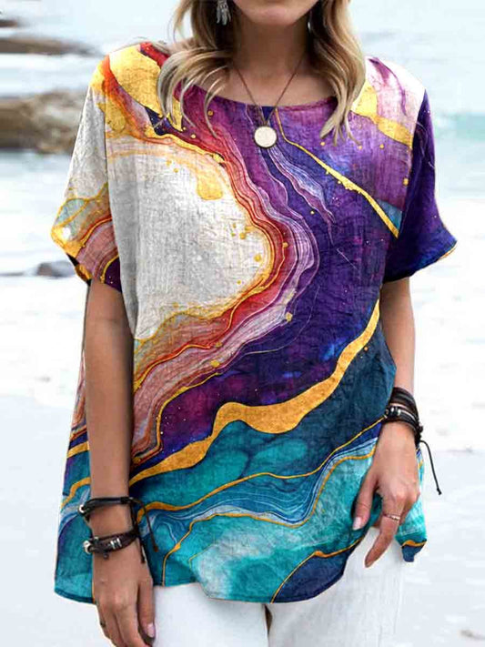 Women's Art Fluid Gradient Print Pattern Linen Top