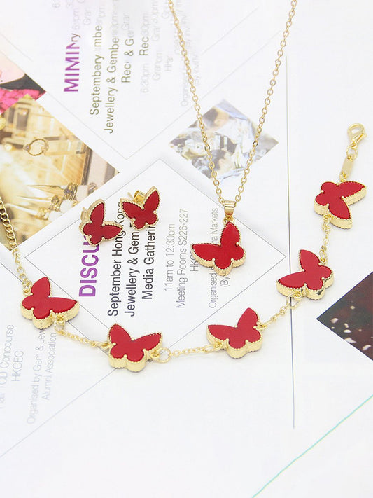 Popular Four Leaf Clover Butterfly Necklace Bracelet Earrings Set