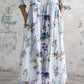 Women's Elegant Ink Painting Floral Pattern Cotton and Linen Dress with Pockets