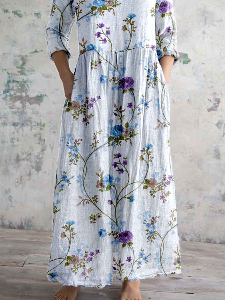 Women's Elegant Ink Painting Floral Pattern Cotton and Linen Dress with Pockets