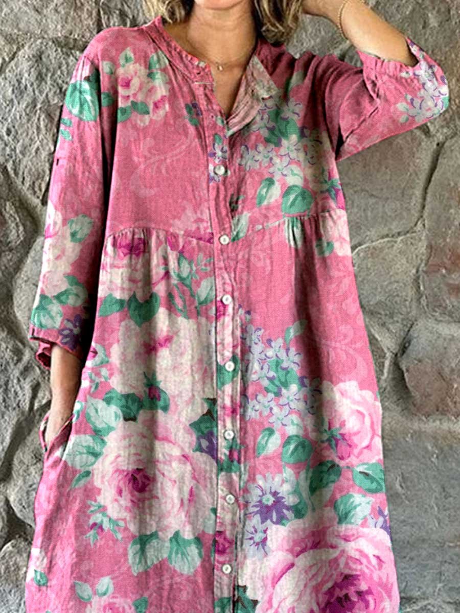 Women's Rose Floral Print Elegant Simple Shirt Cotton and Linen Dress