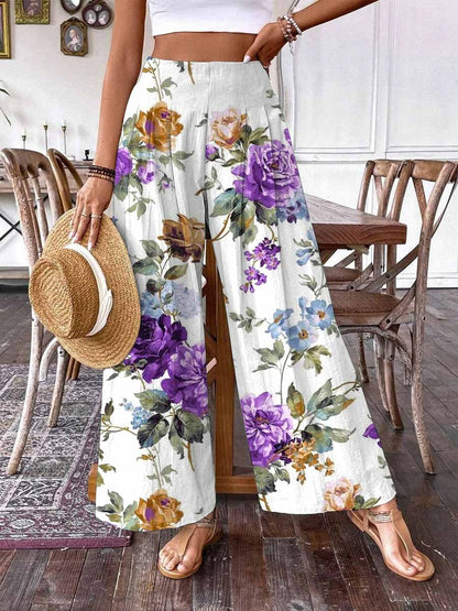 Women's Rose Floral Print Wide Leg Pants