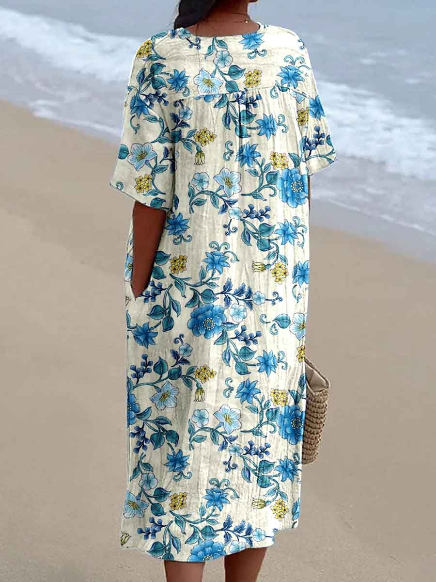 Women's Seaside Vacation Elegant Floral Pattern V-Neck Cotton and Linen Dress