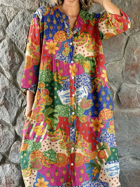 Women's Summer Colorful Floral Shirt Style Cotton and Linen Dress