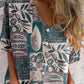 Women's Elegant Vintage Floral Pattern Shirt Style Cotton and Linen Top