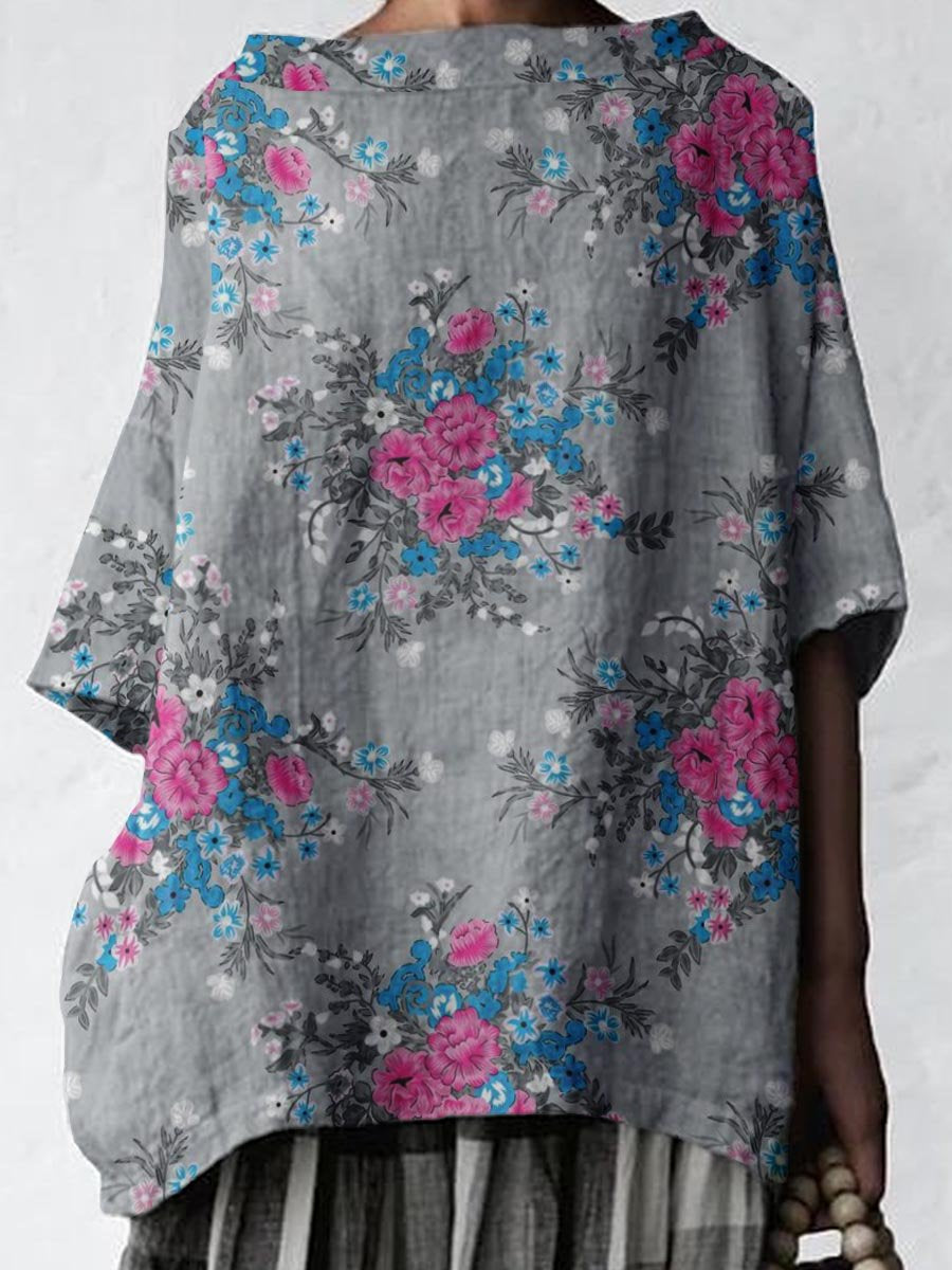 Women's Elegant Floral Pattern Cotton and Linen Top