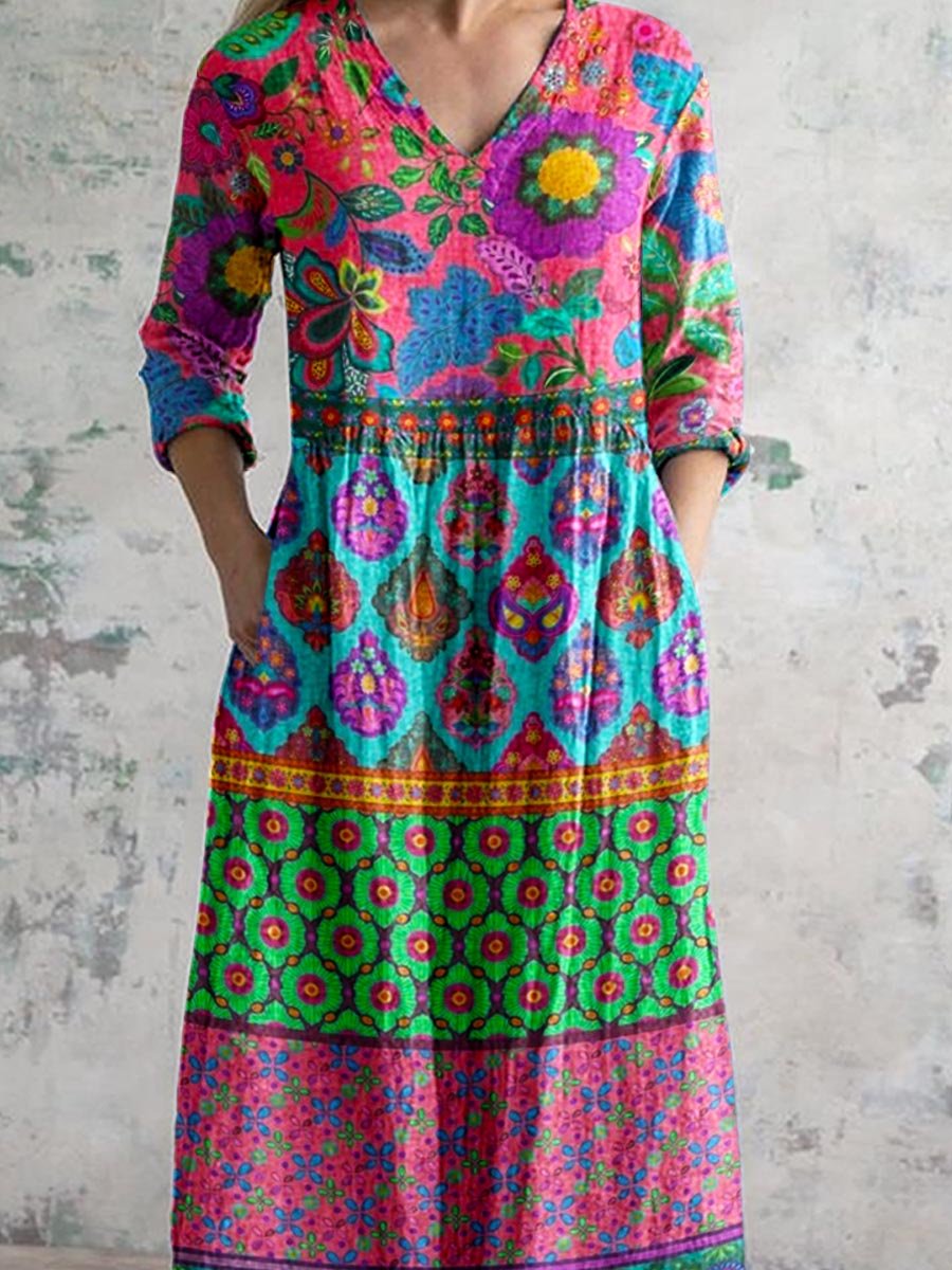 Women's Ethnic Floral Geometric Pattern V-neck Cotton Dress