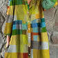 Women's Rainbow Geometric Square Print Cotton and Linen Shirt Dress