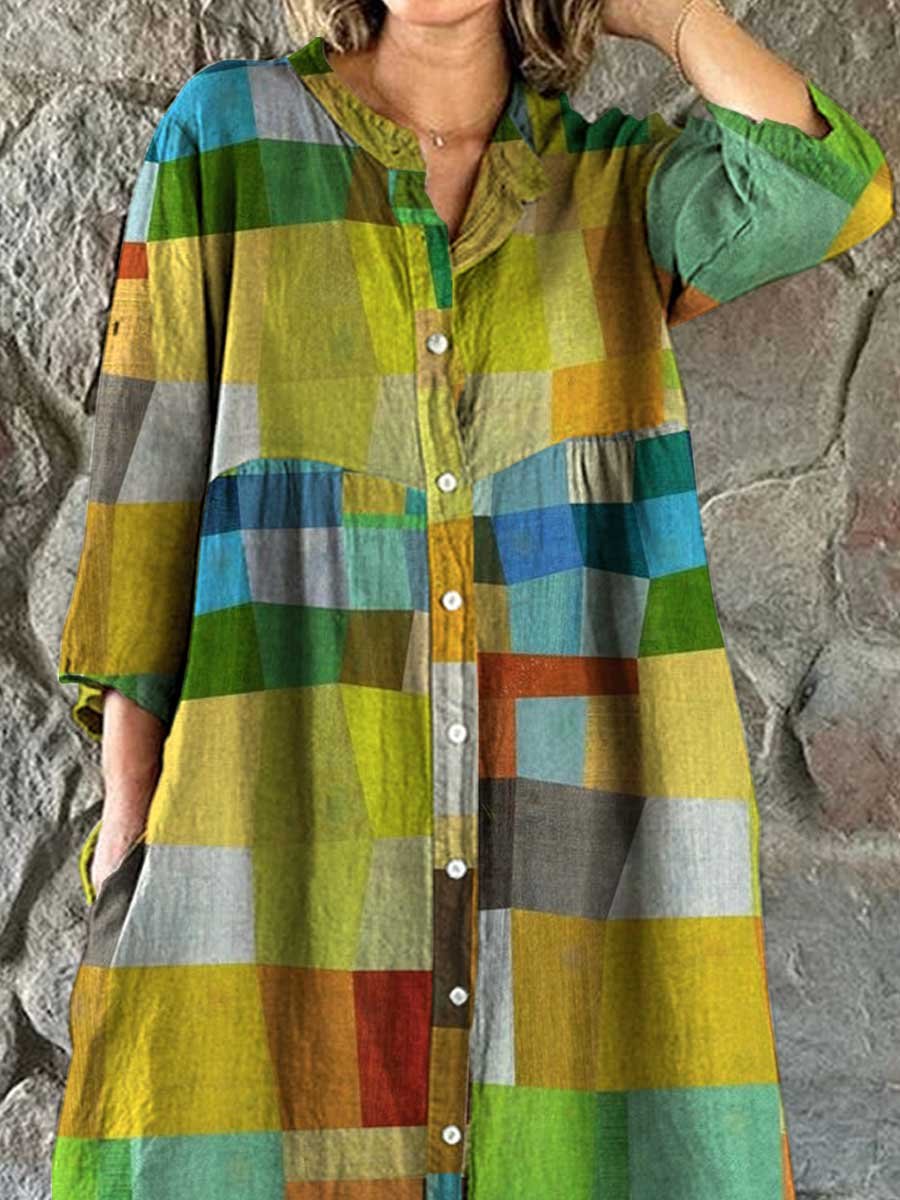 Women's Rainbow Geometric Square Print Cotton and Linen Shirt Dress