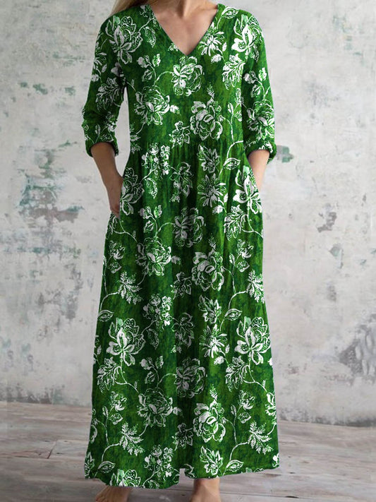 Women's Elegant Vintage Floral Pattern Cotton Dress With Pockets