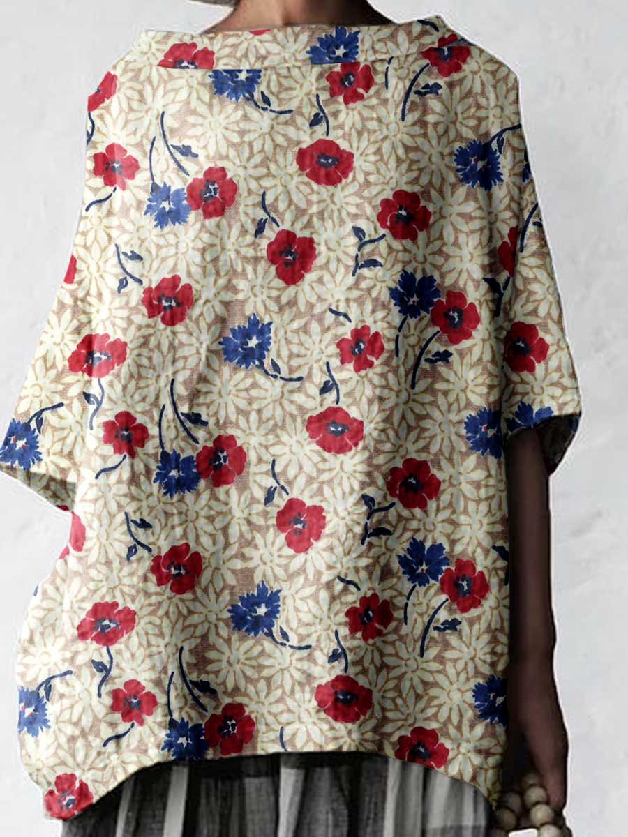 Women's Elegant  Poppy Floral Cotton and Linen Top