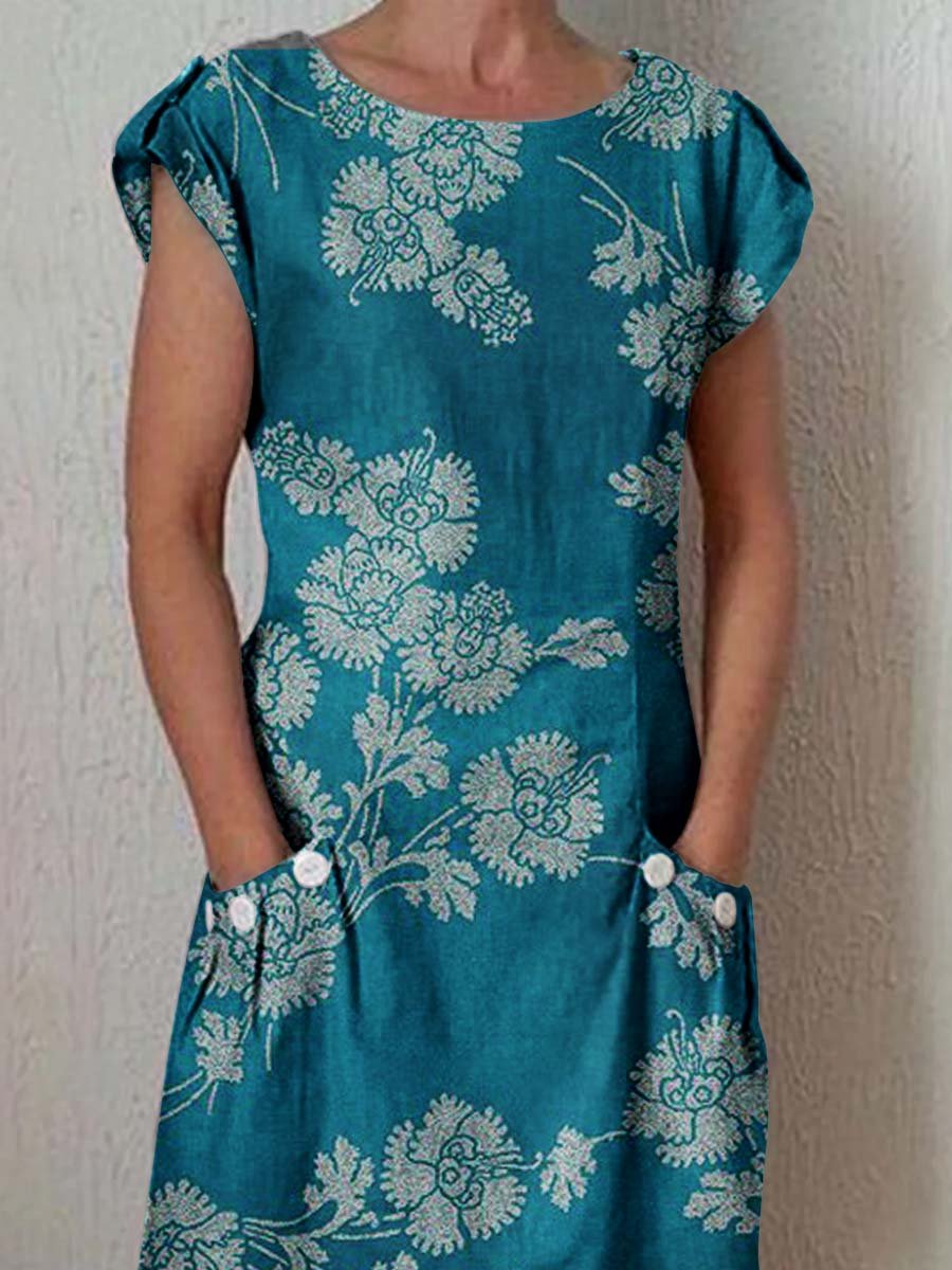 Women's Elegant Floral Pattern Crew Neck Dress