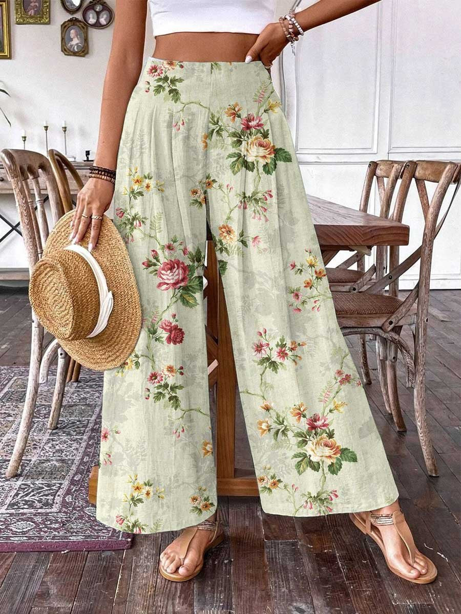 Women's Rose Floral Pattern Cotton Wide Leg Pants