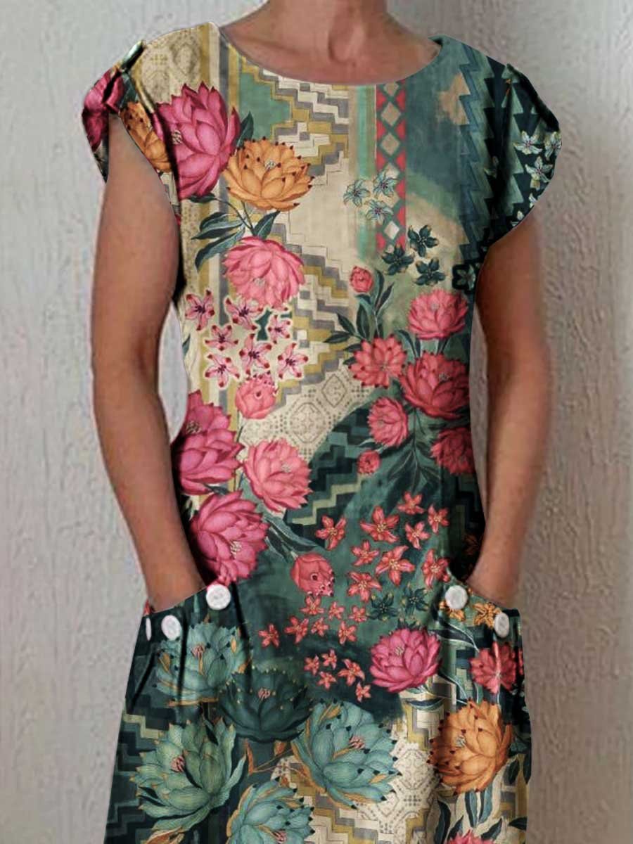 Women's Simple Elegant Decorative Floral Pattern Round Neck Cotton and Linen Dress