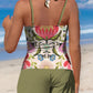 Retro Flowers Print Halter Patchwork Mid Waisted Tankini Short Set Swimsuit