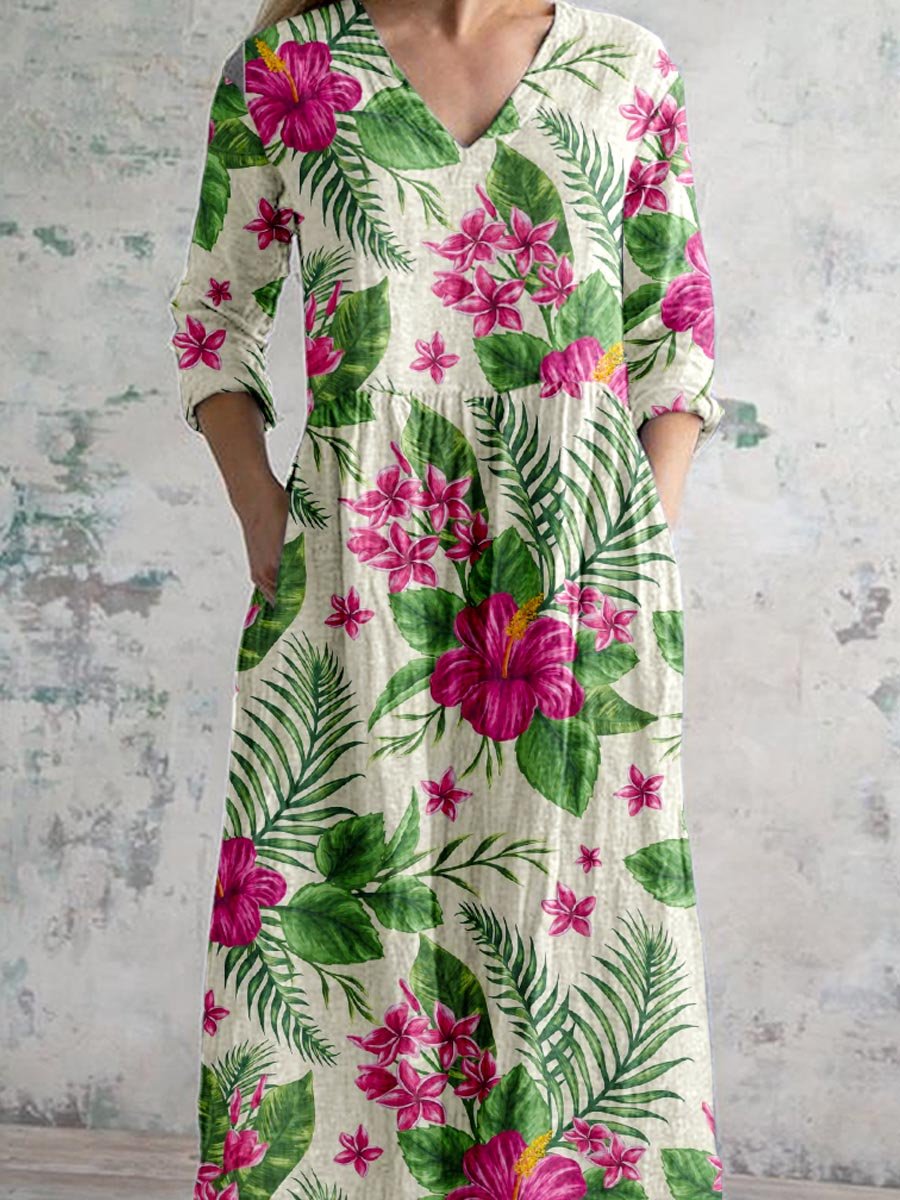 Women's Tropical Floral Pattern V-Neck Cotton and Linen Dress with Pockets