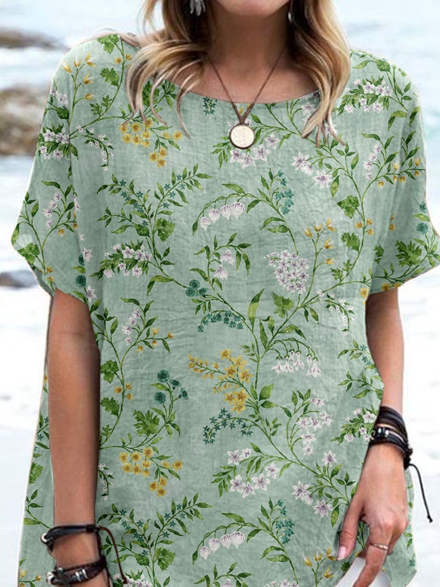 Women's Elegant Floral Cotton and Linen Top