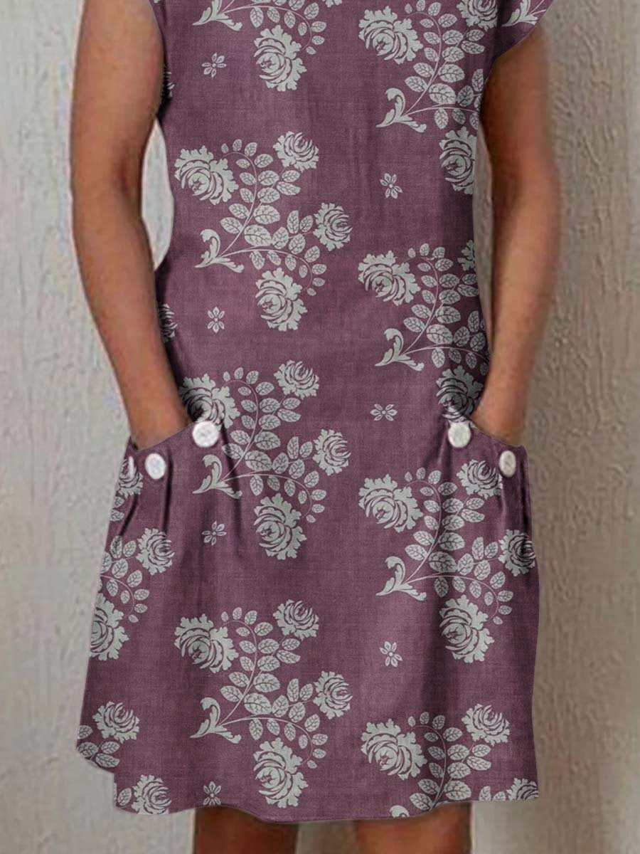 Women's Simple Elegant Decorative Floral Pattern Round Neck Cotton and Linen Dress