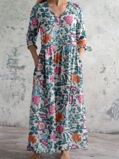 Women's Elegant Simple Floral Pattern V-Neck Cotton Dress